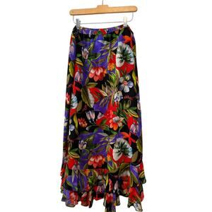 Chico's Tropical Print Silk Tiered Flutter Hem Maxi Skirt